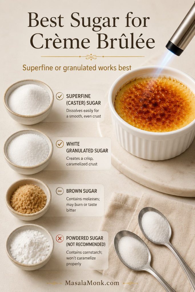 Sugar comparison board for crème brûlée showing superfine or caster sugar and white granulated sugar as the best choices.