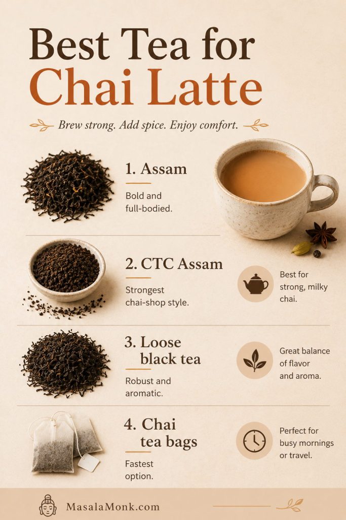 Best Tea for Chai Latte board showing Assam tea, CTC Assam, loose black tea, chai tea bags, and brewed tea as labeled tea choices.