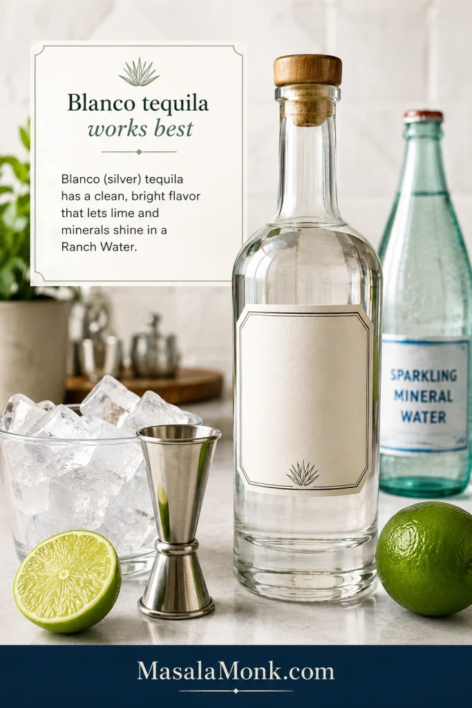 Blanco tequila bottle with lime, ice, jigger, and sparkling mineral water arranged on a clean bar counter.