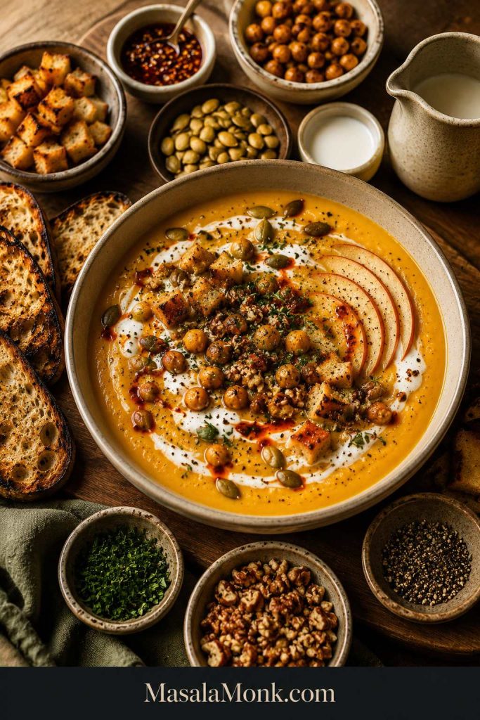 Bowl of butternut squash soup surrounded by pumpkin seeds, chili oil, herbs, croutons, roasted chickpeas, apple slices, nuts, black pepper, and toast.