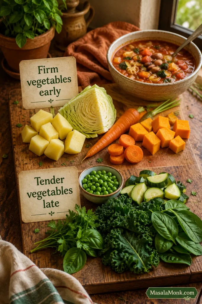 Rustic vegetable timing board showing firm vegetables like potato, cabbage, carrot, and squash beside tender vegetables like zucchini, peas, spinach, kale, and herbs.