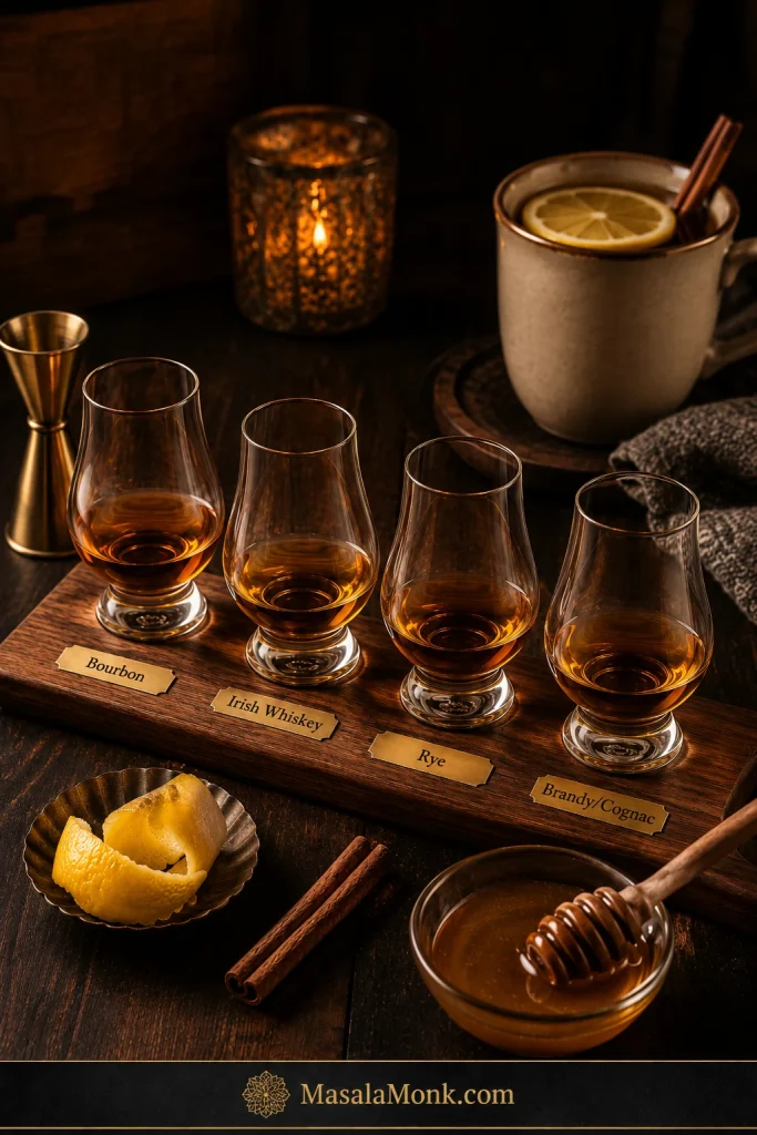 Four tasting glasses labeled Bourbon, Irish Whiskey, Rye, and Brandy/Cognac with lemon peel, cinnamon, honey, and a hot toddy mug nearby.