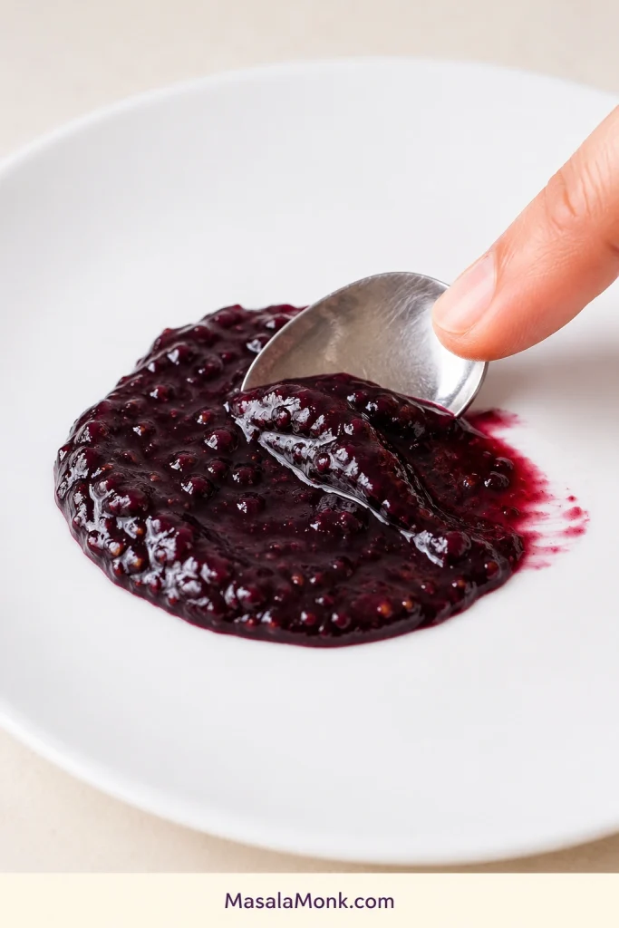 Cold plate wrinkle test showing cooled blackberry jam being pushed on a white plate until it wrinkles and mounds.