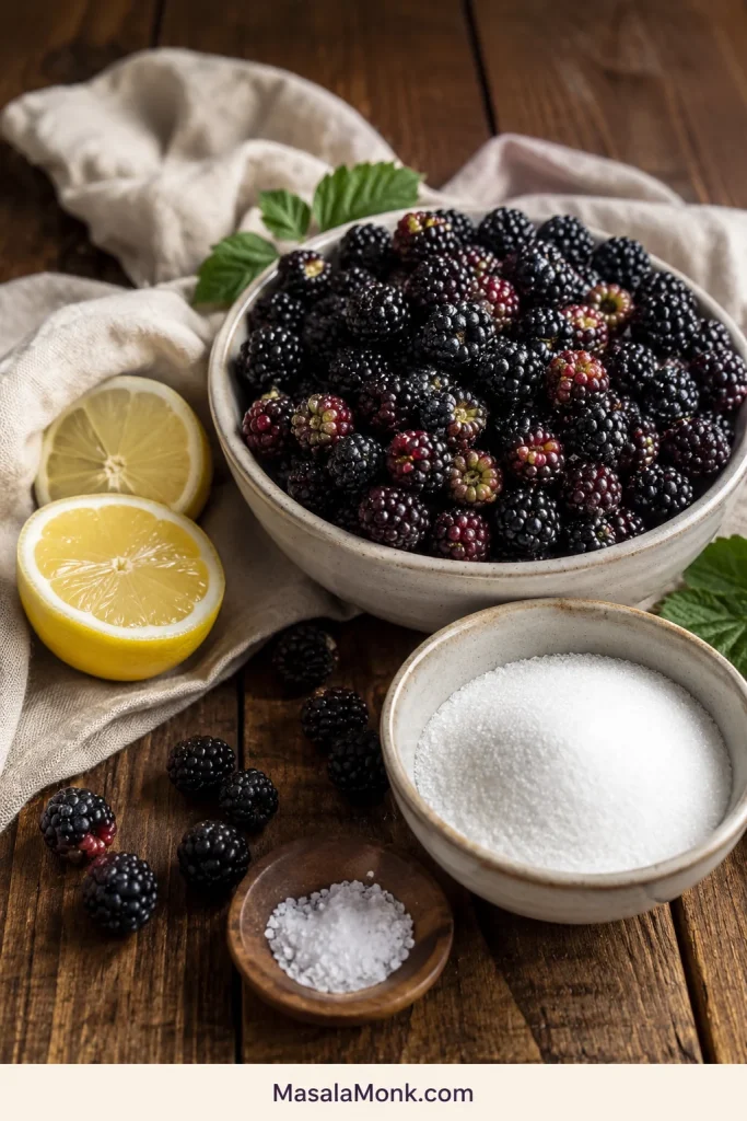 Fresh blackberries, sugar, lemon halves, and a small bowl of salt arranged on a wooden surface for making blackberry jam.