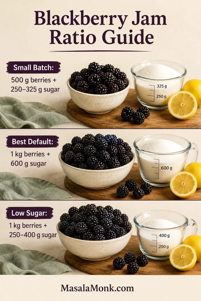 Blackberry jam ratio guide showing small batch, best default, and low-sugar versions with bowls of blackberries, sugar, and lemon.
