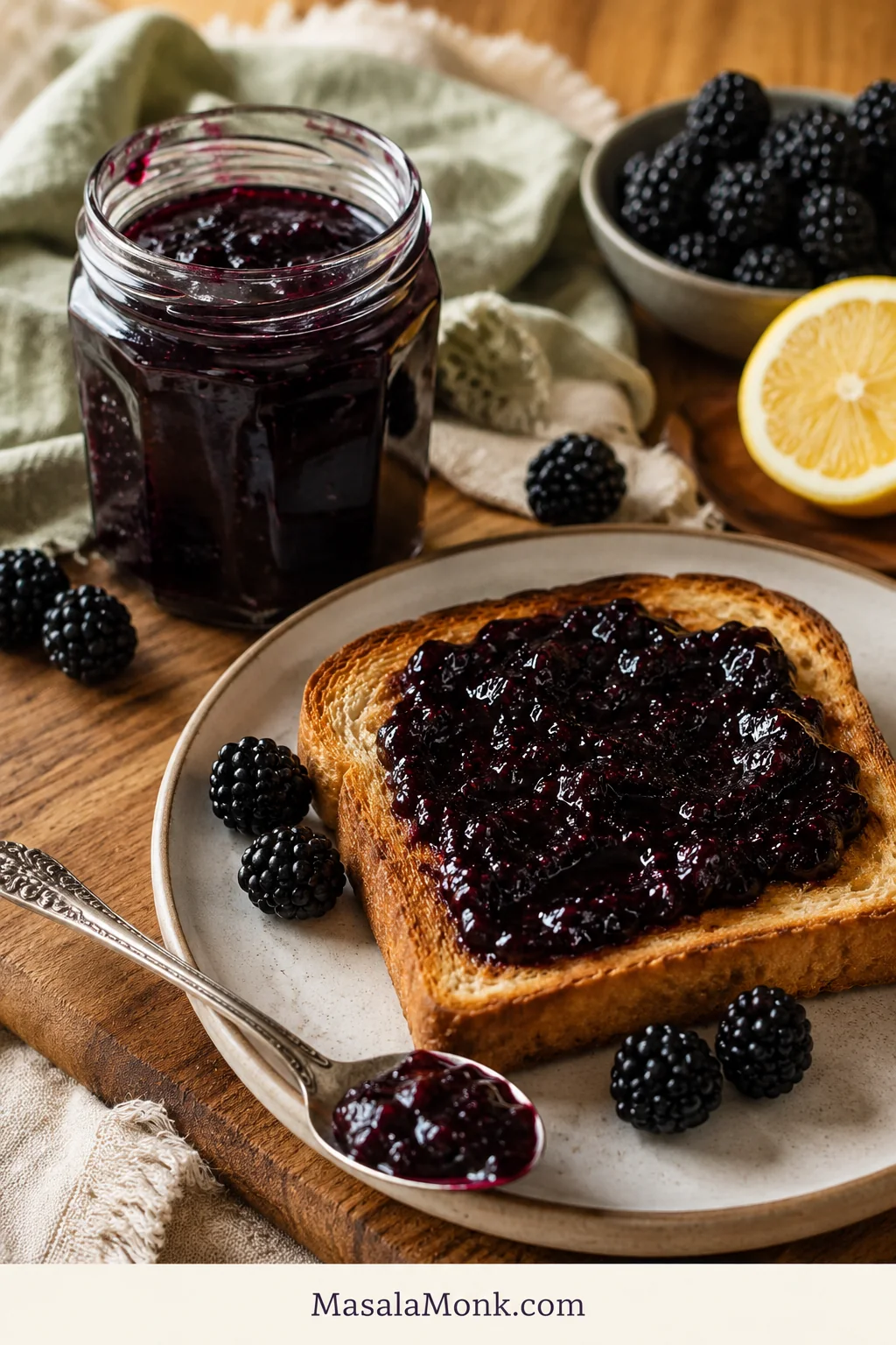 Homemade blackberry jam spread on golden toast with an open jar, spoon, and fresh blackberries on a wooden board.