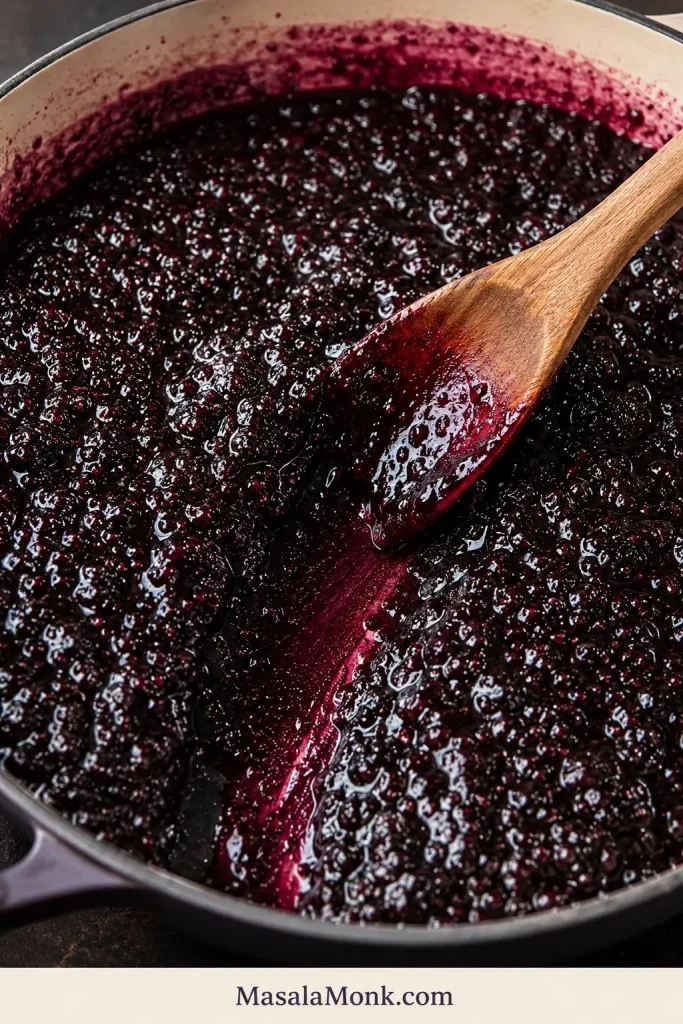 Spoon pulled through thickening blackberry jam in a wide pan, leaving a visible trail through the mixture.