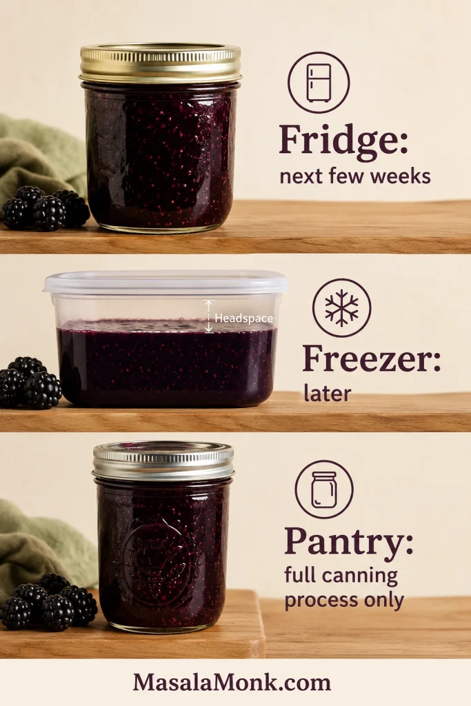 Blackberry jam storage guide showing a fridge jar, a freezer container with headspace, and a pantry jar for full canning process only.