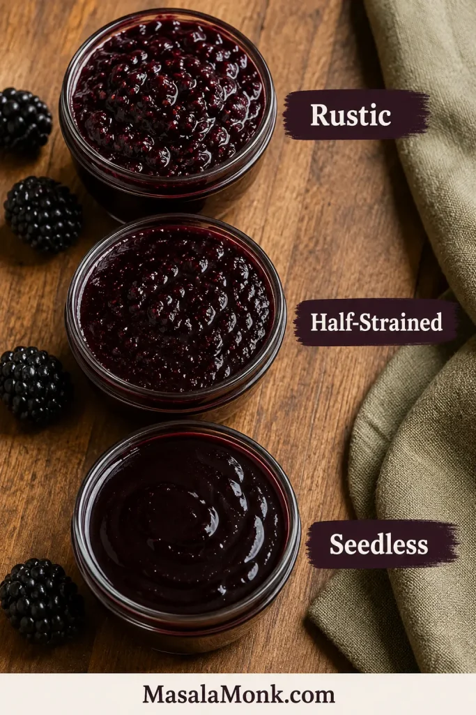 Three jars of blackberry jam labeled Rustic, Half-Strained, and Seedless, showing chunky, smoother, and fully smooth textures.