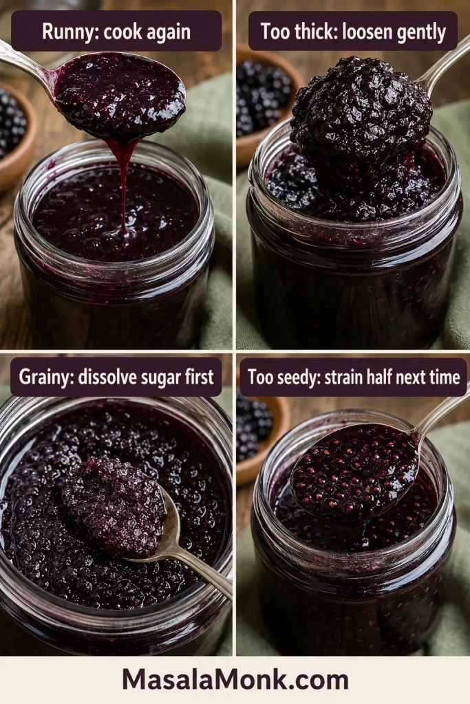 Blackberry jam troubleshooting guide showing runny jam, too-thick jam, grainy jam, and too-seedy jam with suggested fixes.