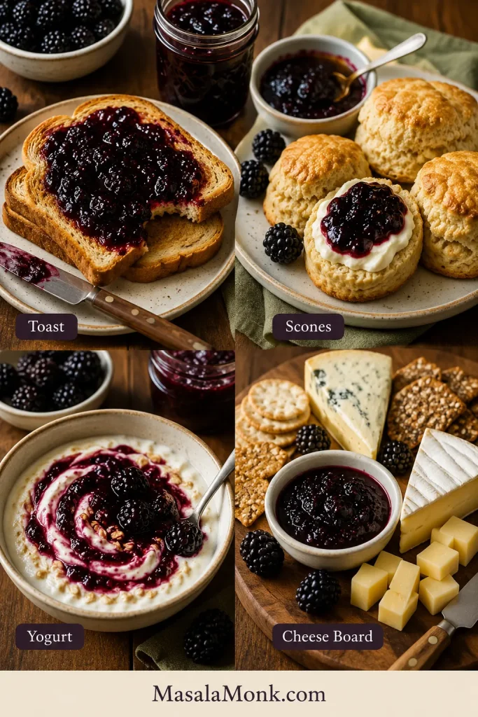 Blackberry jam served on toast, scones, yogurt, and a cheese board in four labeled serving scenes.