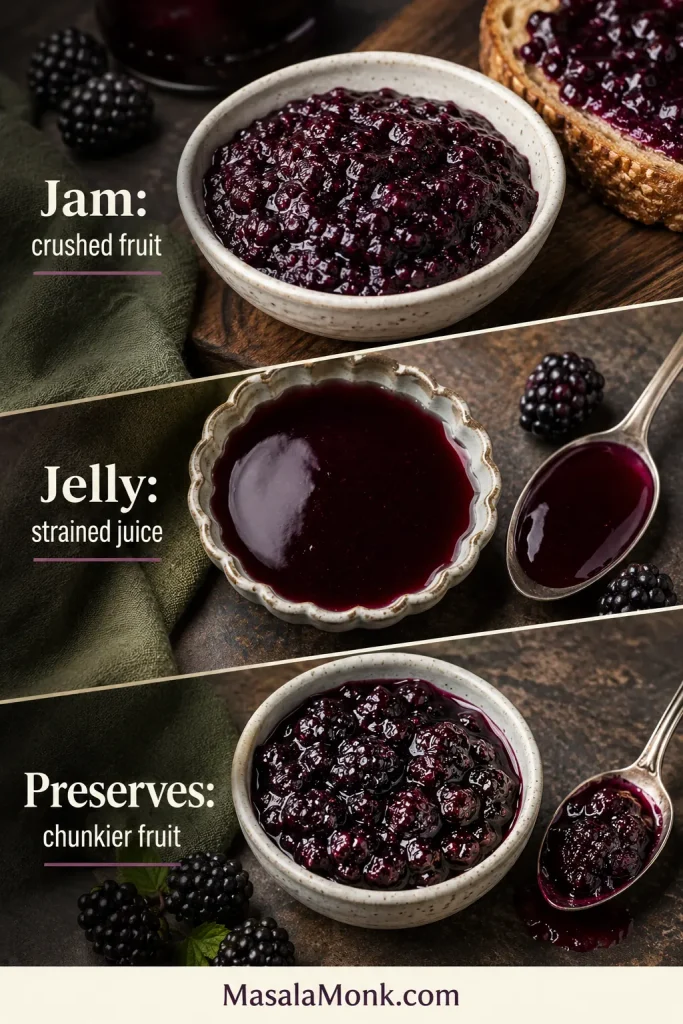 Blackberry jam, blackberry jelly, and blackberry preserves compared by texture, showing crushed fruit, strained juice, and chunkier fruit pieces.