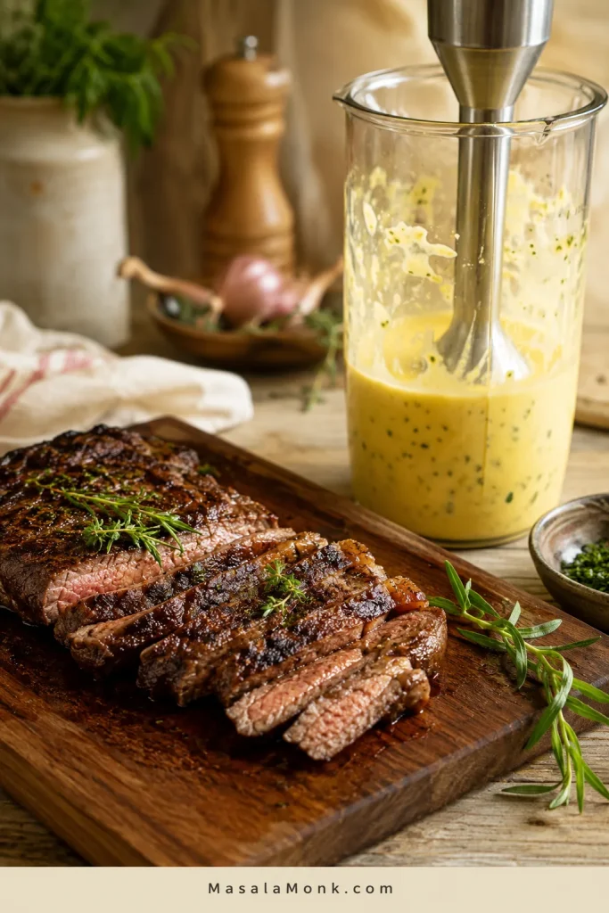 Sliced steak resting on a wooden board while béarnaise sauce is blended in a tall jar nearby.