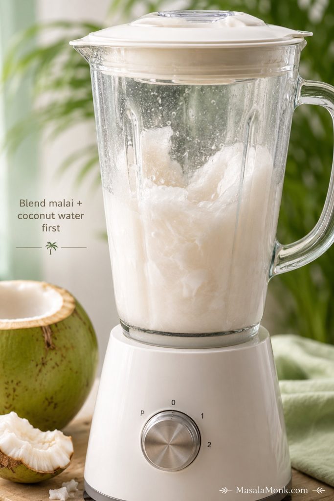 Blender jar with tender coconut malai and coconut water blended into a cloudy, pulpy base.