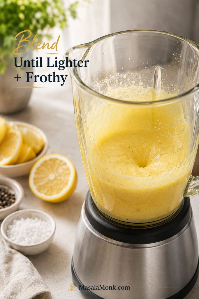 Egg yolks and seasonings blended in a blender jar until lighter and slightly frothy.