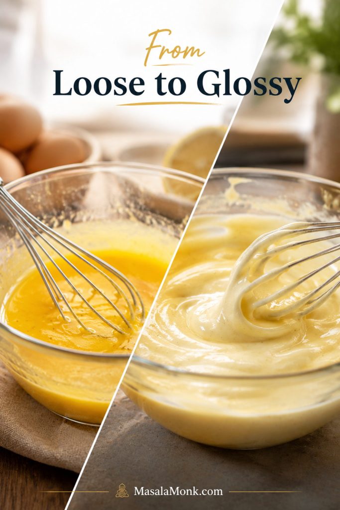 Before-and-after comparison of loose yellow mixture and finished glossy hollandaise sauce.
