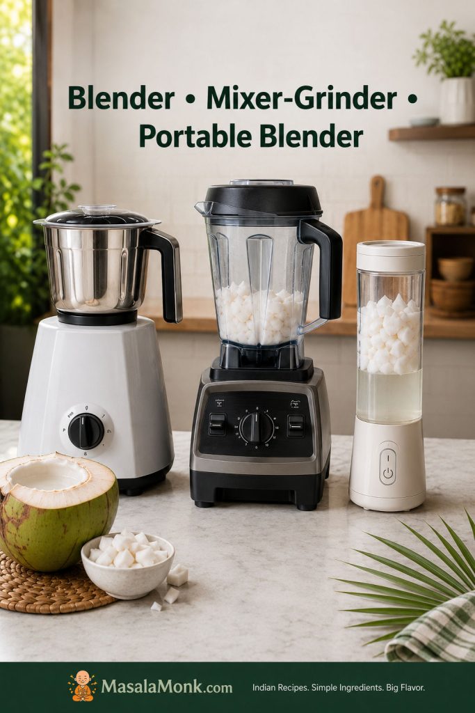 Mixer-grinder, high-speed blender, and portable blender set up for coconut shake with chopped malai and coconut water.