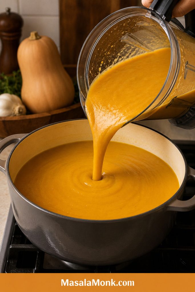 Smooth orange butternut squash soup being poured from a blender into a Dutch oven on the stove.