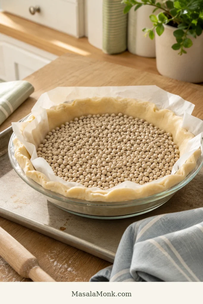 Pie crust lined with parchment paper and filled with pie weights in a glass pie dish.