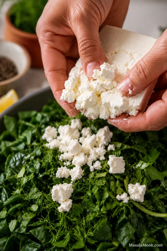 A hand crumbling block feta over chopped spinach and herbs for spanakopita filling.