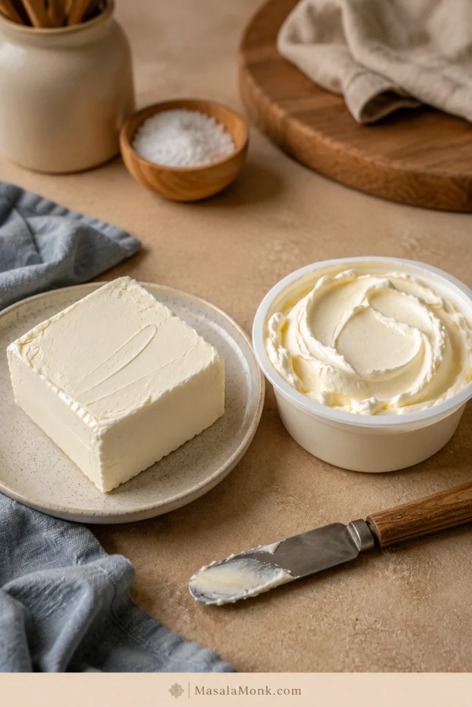 Firm block-style cream cheese beside softer spreadable tub cream cheese on a warm kitchen counter.
