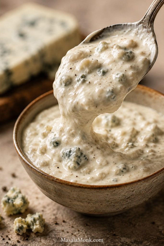 Spoon lifting thick, chunky blue cheese dressing from a ceramic bowl with visible blue cheese pieces.