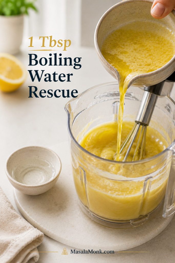 Broken hollandaise being slowly drizzled into a bowl with boiling water while whisking.