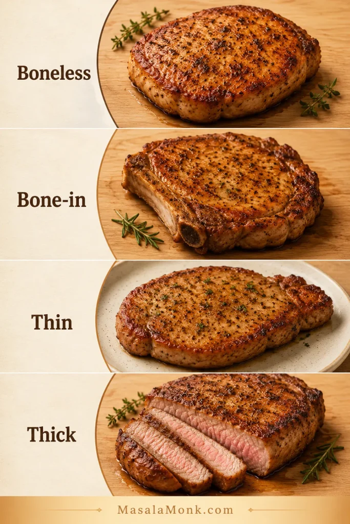 Cooked boneless, bone-in, thin, and thick air fryer pork chops shown in a labeled comparison guide.