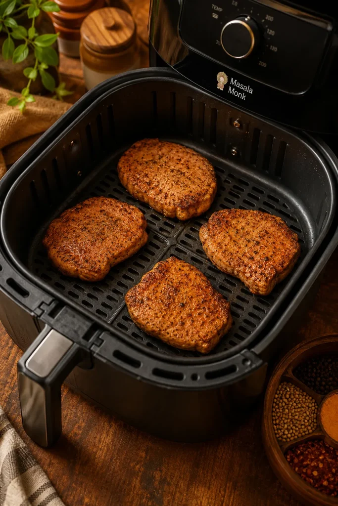 Four seasoned boneless pork chops spaced apart in an air fryer basket.
