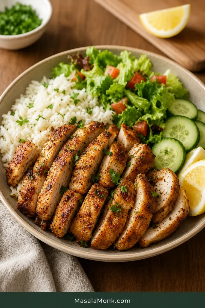Sliced boneless skinless air fryer chicken thighs served with rice, salad, cucumbers, herbs, and lemon wedges.