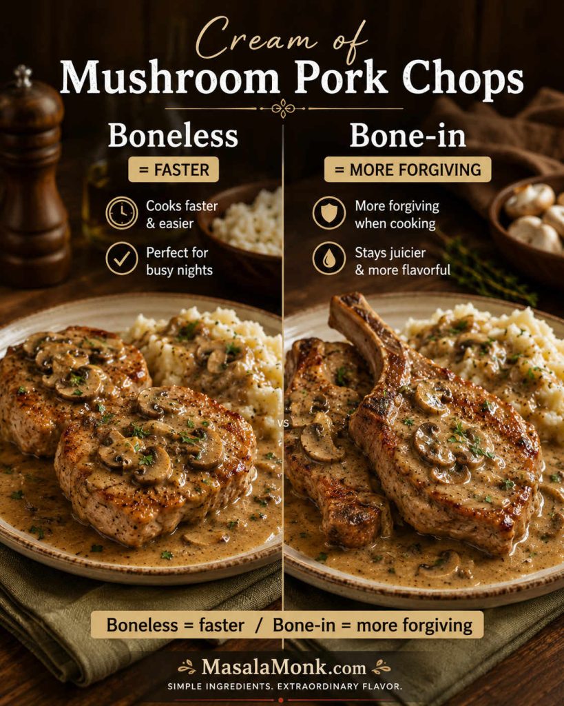 Boneless and bone-in pork chops shown side by side with creamy mushroom soup gravy and labels explaining that boneless is faster while bone-in is more forgiving.