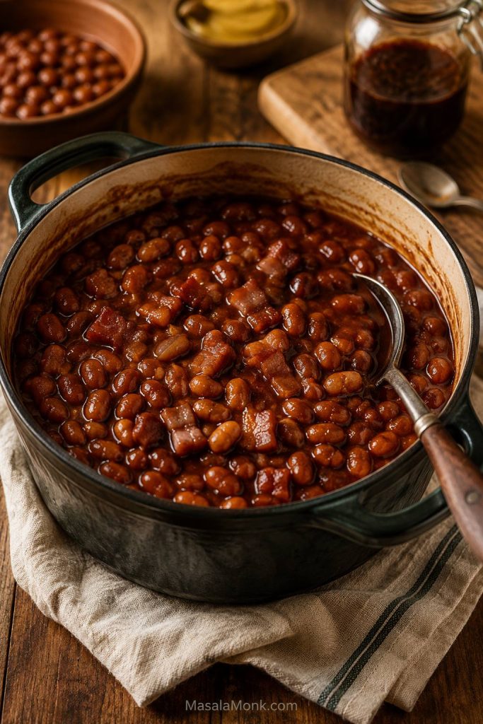 Boston-style baked beans in a dark Dutch oven with molasses sauce.