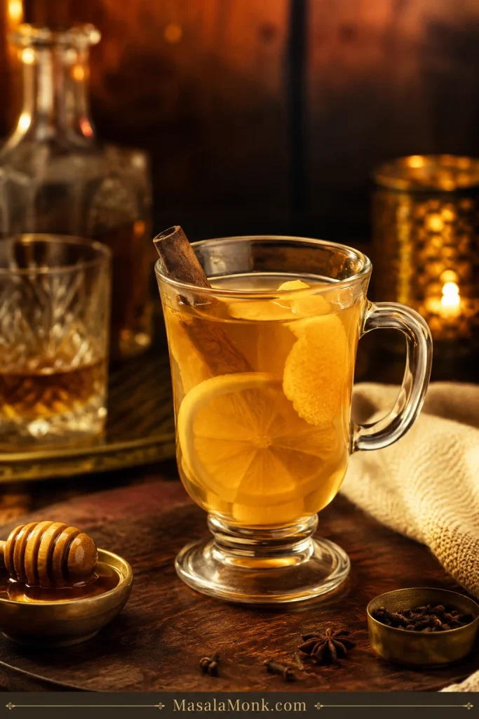 Golden bourbon hot toddy in a clear glass mug with lemon, orange peel, cinnamon stick, honey, and warm amber lighting.