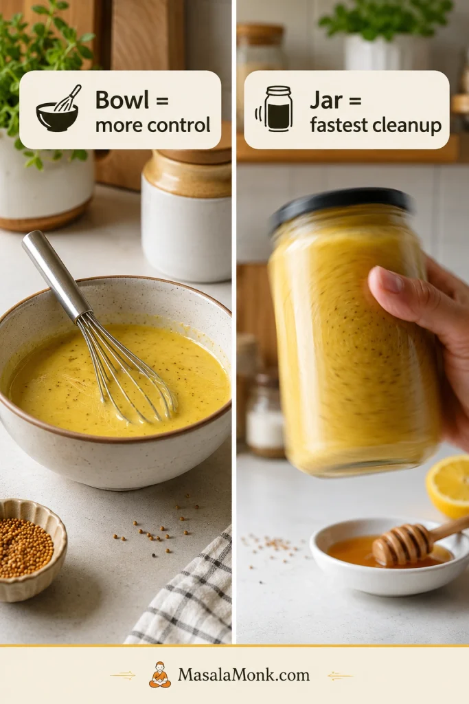 Side-by-side comparison of honey mustard dressing mixed in a bowl with a whisk and shaken in a glass jar by hand.