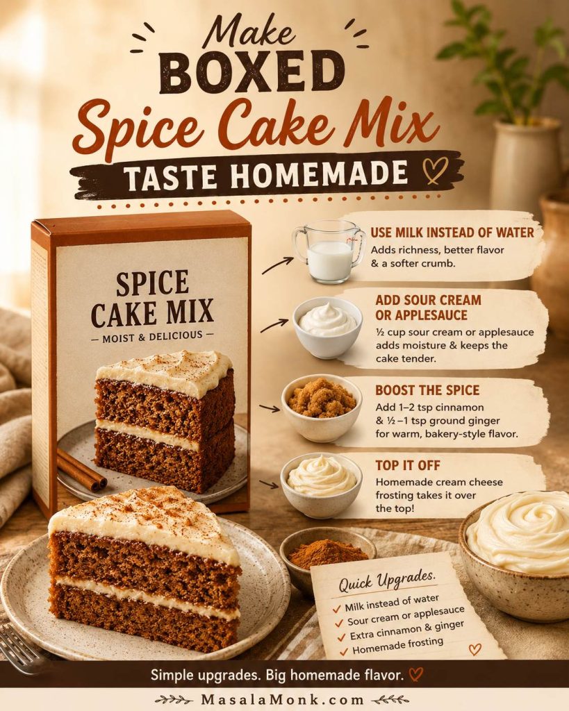 Boxed spice cake mix upgrade guide with milk, sour cream or applesauce, extra spices, and cream cheese frosting suggestions.