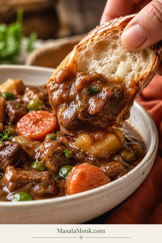 A hand dragging crusty bread through thick beef stew gravy at the edge of a bowl.