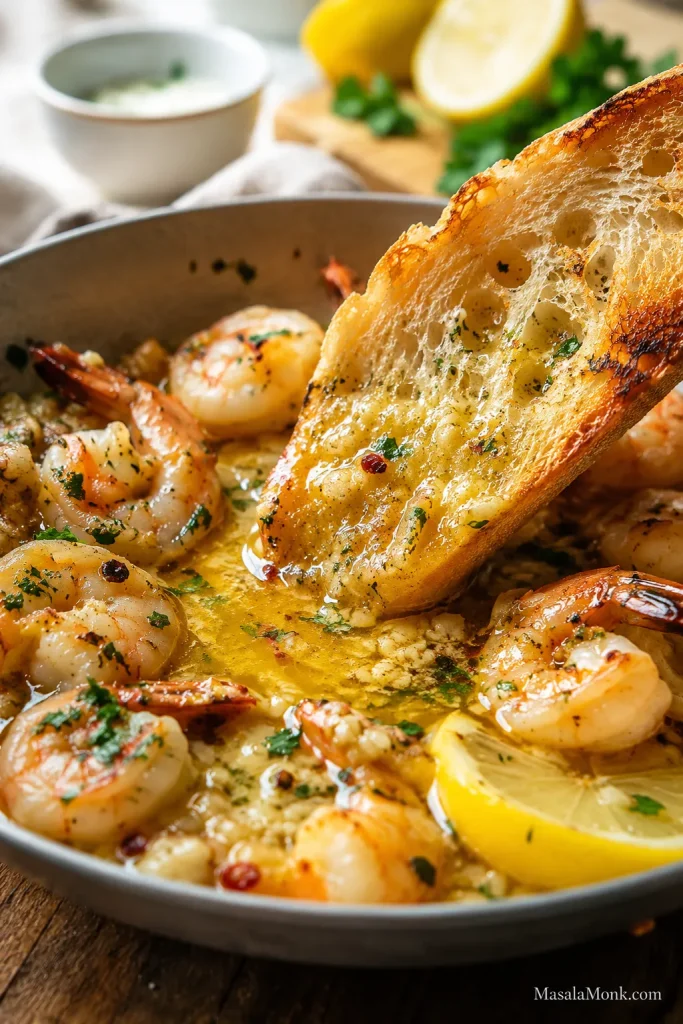 Crusty bread being dragged through lemon garlic butter shrimp scampi with shrimp nearby.