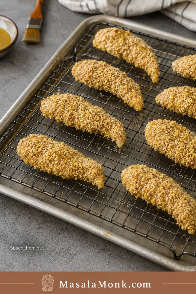 Breaded chicken tenders spaced apart on a wire rack over a rimmed baking sheet before baking.