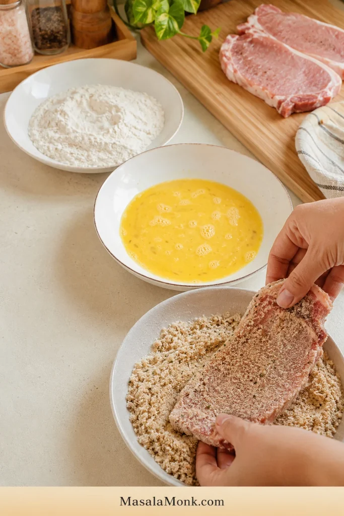 Pork chops being coated in flour, egg, and breadcrumbs at a breading station.