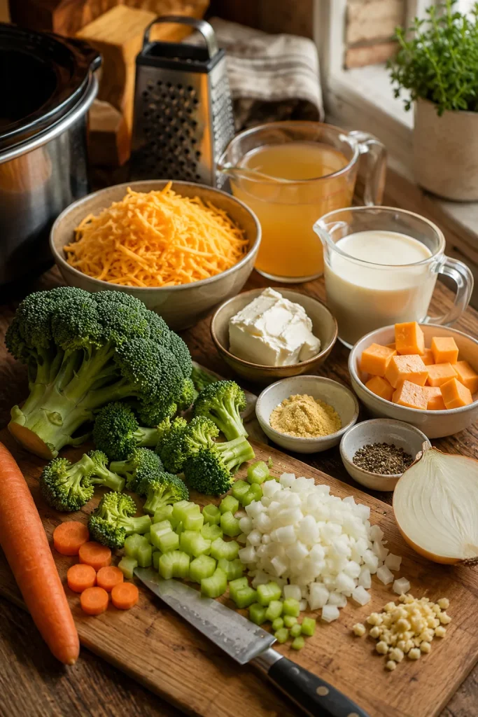 Broccoli cheese soup ingredients including broccoli, carrot, onion, garlic, celery, broth, cream, cheddar, cream cheese, seasonings, and a box grater.