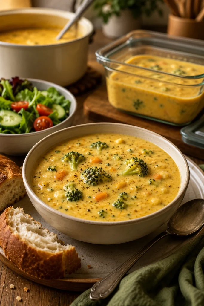 Bowl of broccoli cheese soup served with bread and salad, with a glass container of leftover soup in the background.