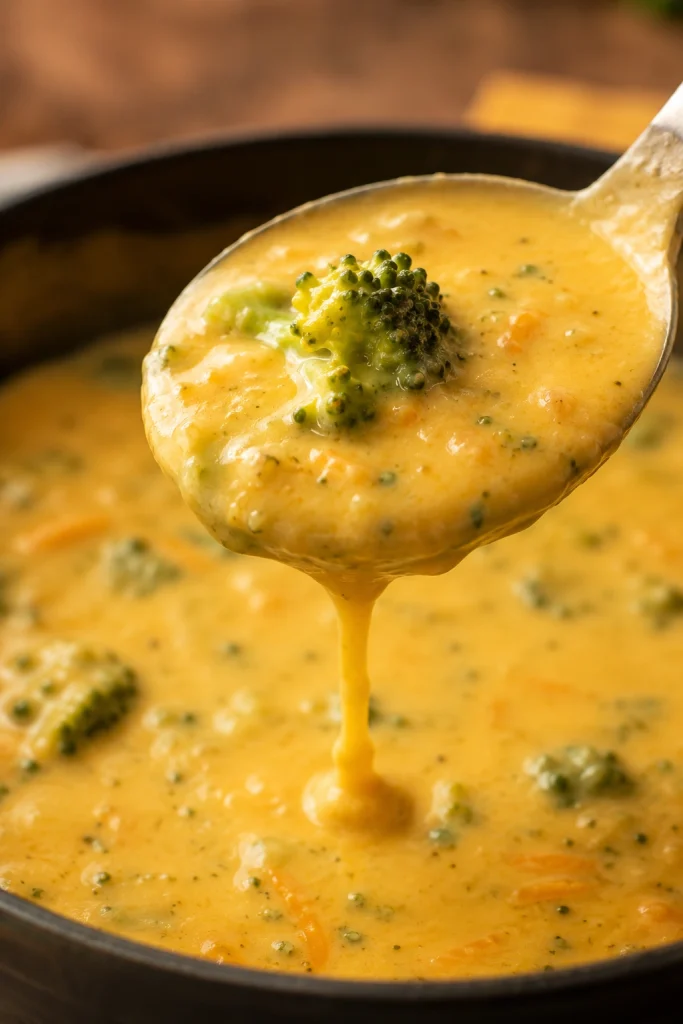 Close-up of creamy broccoli cheese soup coating a spoon with a broccoli piece visible as soup drips back into the bowl.