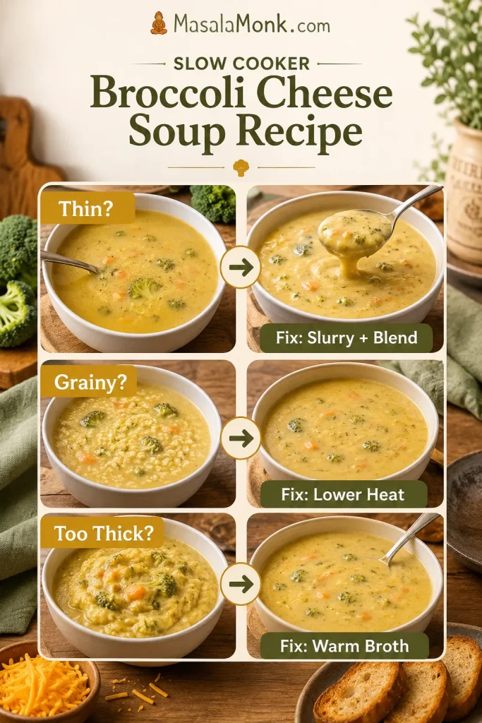 Troubleshooting guide showing thin, grainy, and too-thick broccoli cheese soup with bowls showing each problem and fix.