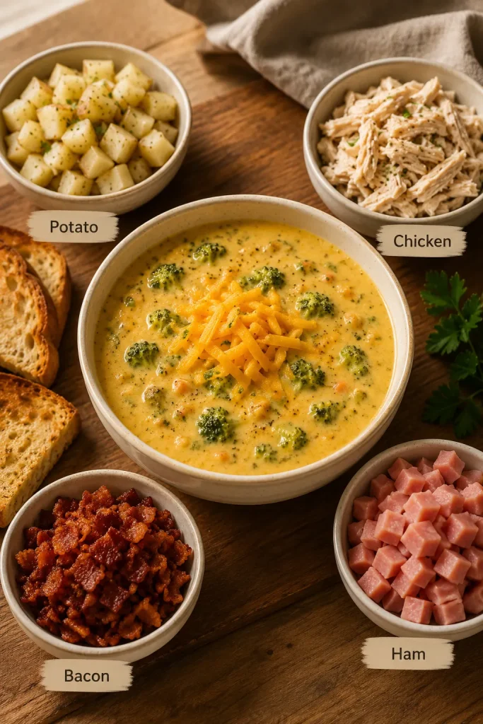 Bowl of broccoli cheese soup surrounded by small bowls of diced potatoes, shredded chicken, bacon pieces, and diced ham.