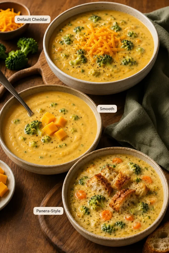 Three bowls of broccoli cheese soup labeled Default Cheddar, Smooth, and Panera-Style on a wooden table.
