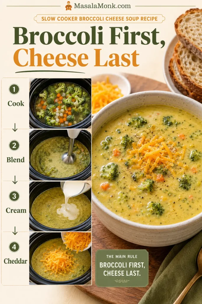 Step-by-step guide showing broccoli cooking, soup being blended, cream being added, and cheddar added last.