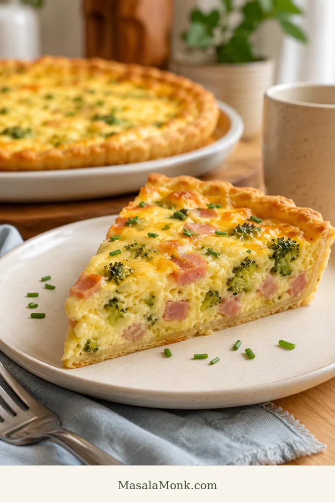 Slice of broccoli ham and cheese quiche on a plate with visible broccoli florets, diced ham, creamy custard, and crust.