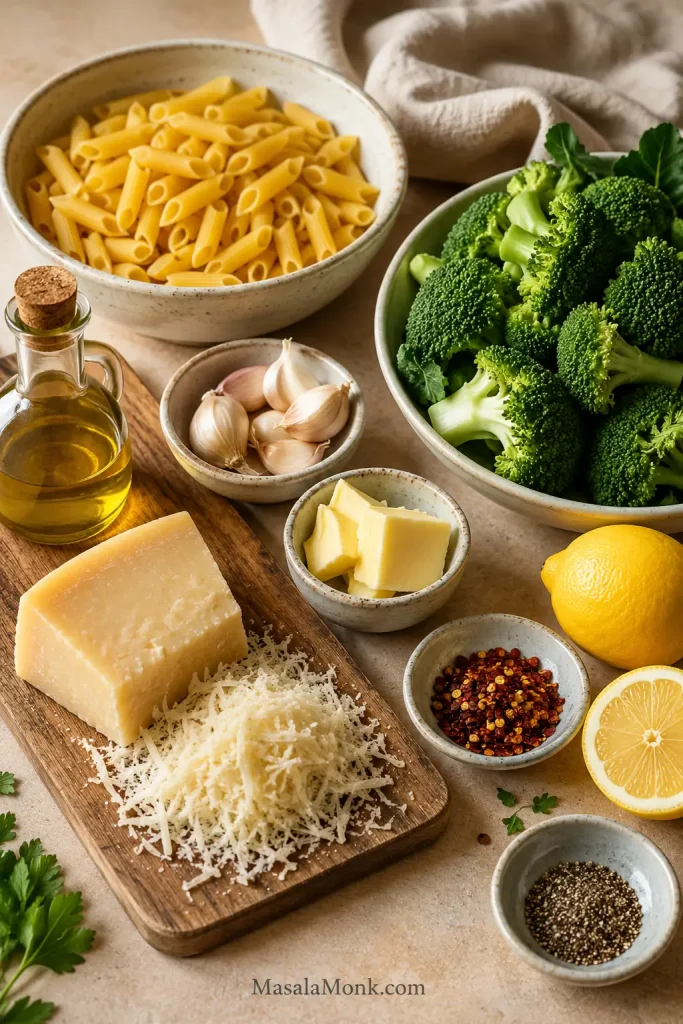 Ingredients for broccoli pasta arranged on a kitchen surface, including short pasta, broccoli, Parmesan, garlic, lemon, olive oil, butter, black pepper, and red pepper flakes.