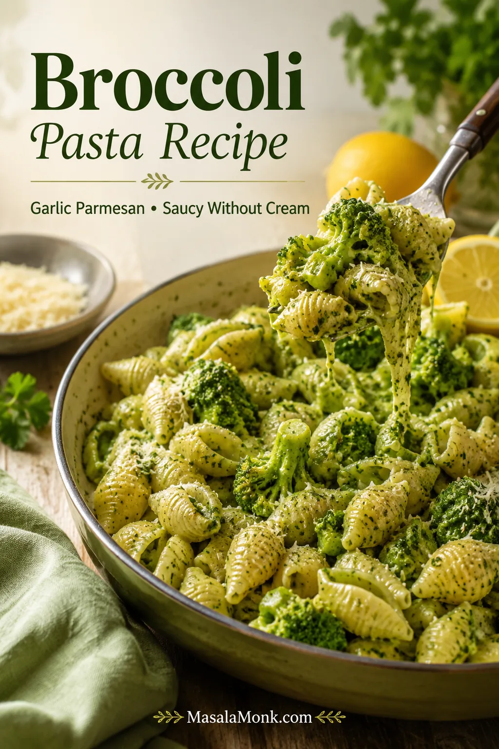 Shell pasta and broccoli in a shallow bowl with a fork lifting a glossy bite, lemon and Parmesan nearby, with text reading “Broccoli Pasta Recipe” and “Garlic Parmesan • Saucy Without Cream.”