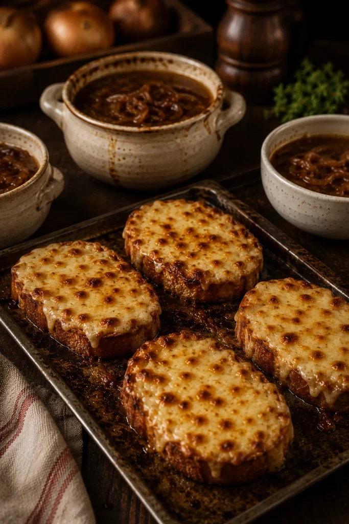 Cheesy toasts broiled on a sheet pan with bowls of French onion soup nearby.